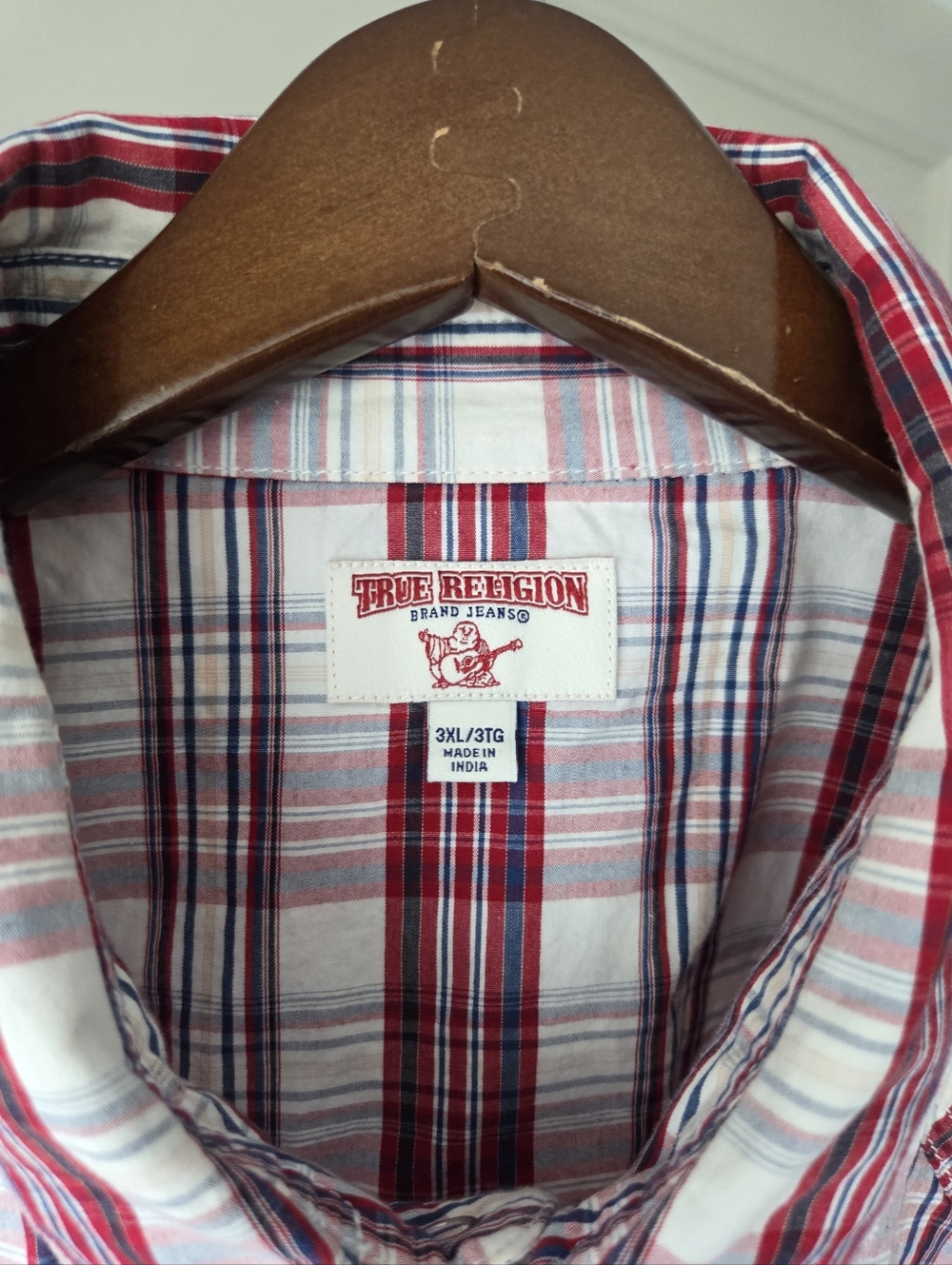 True Religion Red and White Plaid Button-Down Mens Sz.3XL Shirt - Picture 2 of 7